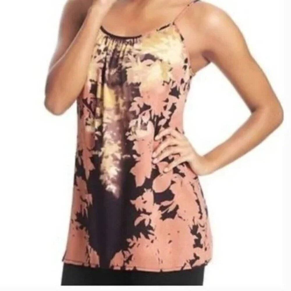 CABI Shadow Leaf Floral Cami Brown Pink Taupe Sz L #553 EUC